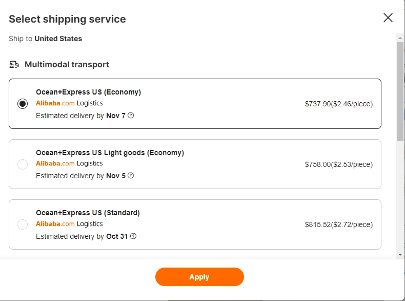 Alibaba multimodel shipping methods price