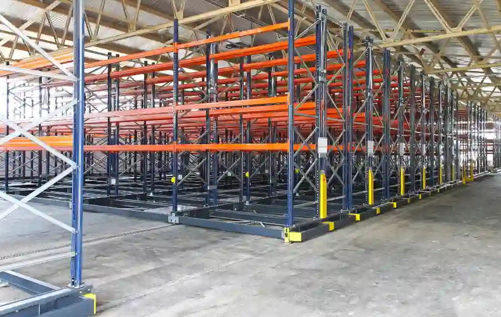 empty mobile shelving racks in a warehouse